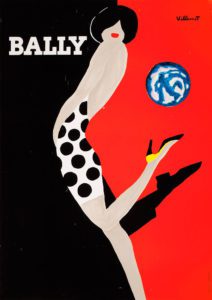 Litografia a colori poster per la casa di moda Bally. Su fondo nero e rosso donna stilizzata