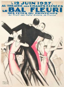 Litografia a colori per l'annuncio del ballo agli Champs Elysees con danzatori stilizzati