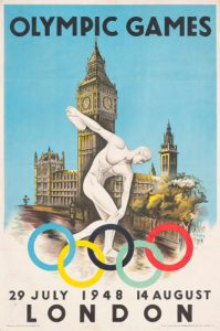 Lithograph in colour for the London Olympic Games. The Big Ben in the background and the Discobolo with the five-ringed symbol in close-up