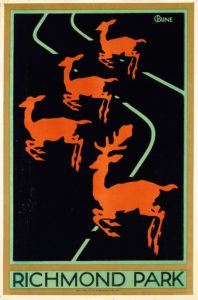 Lithograph in colour for the underground of London, orange deers crossing black rails