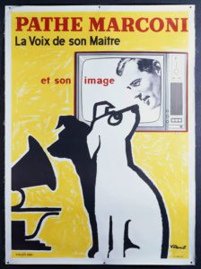Litografia a colori di poster pubblicitario casa discografica con cani, uomo dentro la televisione e grammofono