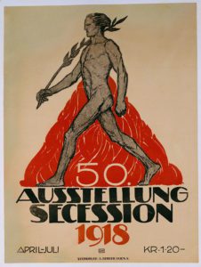 Colour lithograph of the Wiener Secession a nude man walking in the flame with a laurel