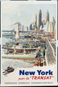 Color litograph poster for Companie General of France in New York City. Views of the old Empire State Bldg and the harbour