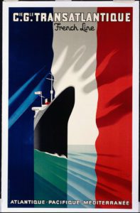 Lithograph in colours of the french shipping company with a transatlantique that cross the french flag