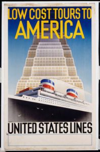 Colour lithograph, advertising poster for United State Lines. Cruise in close-up and skyscrapers on background