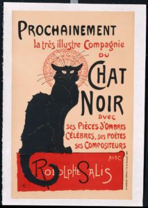 Litografia a colori, poster del locale parigino Le Chat Noir con il gatto nero in primo piano e scritte