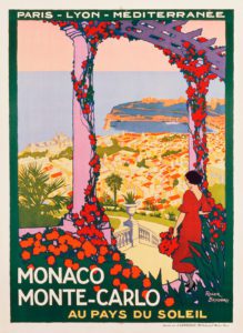 Litografia a colori poster pubblicitario di Montecarlo con veduta da un portico e donna vestita di rosso