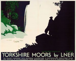 Colour lithograph advertising for tourism in the Yorkshire Moors. Waterfall and a figure of a man contemplating nature