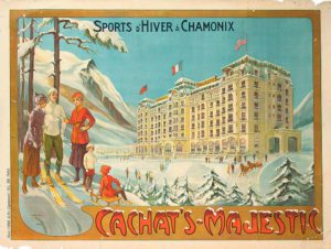 Litografia a colori poster per l’Hotel di Chamonix , veduta dell’hotel e personaggi in sport invernali