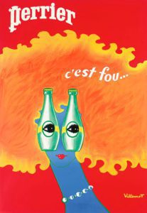 Colour lithograph of advertising poster for Perrier a woman with two bottles on her eyes and the message c’est fou