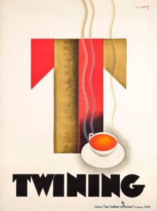 Colour litograph of advertising poster for Twining tea in an art deco pattern with a tea cup and logo