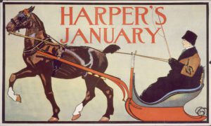 Litografia a colori della copertina di gennaio di Harper’s con uomo su una slitta trainata da un cavallo