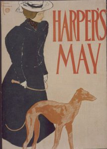 Litografia a colori della copertina di Harper’s di maggio, donna con cappello e cane
