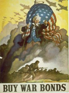 Litografia a colori poster per l’acquisto di titoli di stato Uomo che ricorda l’immagine di George Washington con la bandiera americana, soldati e aerei