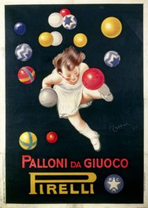 Colour lithograph of advertising poster Italian XX century. Palloni da giuoco Pirelli