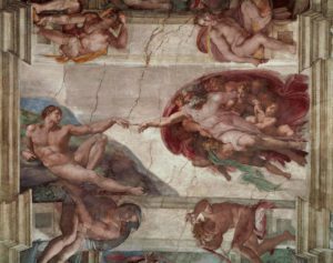 Michelangelo, Centro della volta: Creazione di Adamo [prima del restauro]. Cappella Sistina, Vaticano