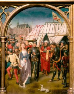 Hans Memling, Reliquiario di S. Orsola: martirio della santa. Memling Museum, Bruges