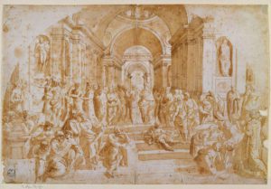 Raffaello, Studio per la Scuola d'Atene n. 134 S. Penna, bistro' su carta bianca. Gabinetto dei Disegni e delle Stampe degli Uffizi, Firenze