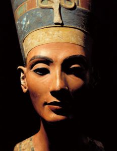Egyptian art, Bust of Queen Nefertiti from Amarna, Thutmosis's workshop. Frontal view (detail). Aegyptisches Museum - Staatliche Museen zu Berlin