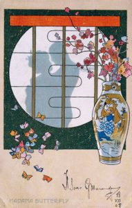 Cartolina di Leopoldo Metlicovitz realizzata in occasione della prima rappresentazione di Madama Butterfly, opera di Giacomo Puccini, a Brescia nel 1904.