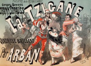 The Tzigane, poster by Jules Cheret for the operetta of the same name, by Johann Strauss, performed at the Theatre de la Renaissance in Paris. Late 19th century.