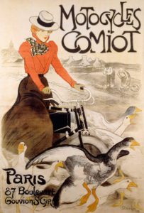 Steinlen, Theophile Alexandre (1859-1923). An advertising poster for 'Motorcycles Comiot'. 1899. colour lithograph