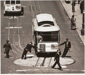 cable car being turned on turn table in san francisco street 1940s