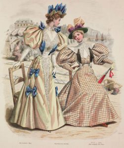 Seated woman wearing a checkered walking dress with puffed-sleeves, lace collar and a hat with a bow, holding a fan in her hand, woman wearing a dress with puffed-sleeves and a hat, both decorated with blue ribbons, Revue de la Mode, Gazette la Famille, No 31, 1894 - BA31457