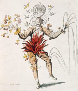 Costume dei quattro elementi per i balletti di Re Luigi XIV. Disegno di Jean Berain, XVIII secolo.