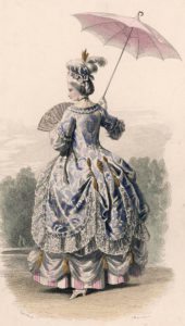 A lady in court dress, at the commencement of Louis XV's reign, walks in the park with a fan in one hand, a parasol in the other Compte Calix, engraved by Montout d'Oloron 1715 - E044121