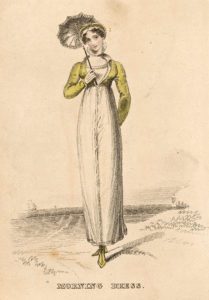 A pretty lady holds a small & delicate parasol while out on a seaside ramble. It may be a fan parasol with a hinge so that the cover can be tilted for use as a fan. Unattributed hand-coloured English fashion plate. published 1 September circa 1810 - E061693