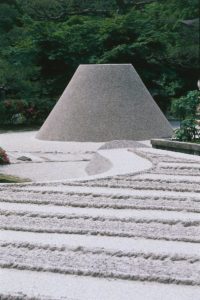 Ginkaku Temple or Silver Pavilion (Ginkaku-ji). Zen stone-and-sand 'kare sansui' garden. White sand cone.