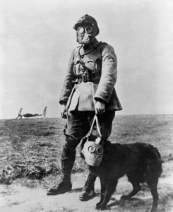Gas masks in WWI (1914-18). French sergeant and a dog, both wearing gas masks, on their way to the front line during the First World War