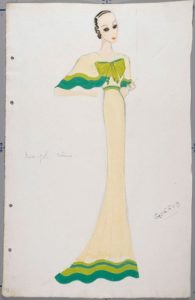 A design by Victor Stiebel (1907-1976) for a dress worn in the 1933 Jerome Kern stage musical "Music in the Air" at Her Majesty's Theatre, London, starring Mary Ellis