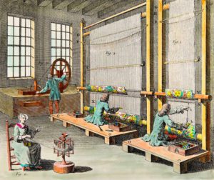 Vue des ateliers et de la fabrication des Tapisseries dans la grande manufacture des Gobelins a Paris. 18eme siecle