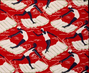 Dress fabric design with surfers. (Manufacturer: The Calico Printers' Association, England, 1937). Printed cotton.