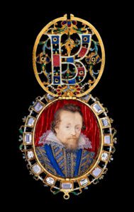medaglione d'oro smaltato. Il gioiello Lyte. Londra, Inghilterra, 1610-11 d.C. Ritratto del re Giacomo I d'Inghilterra (VI di Scozia) di Nicholas Hilliard Il -
