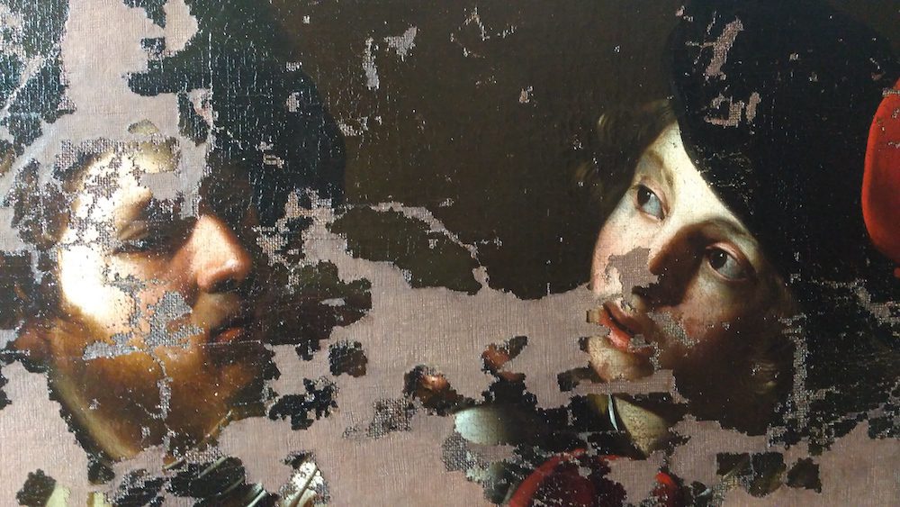 Detail of the dealer and the bettor, whose gaze appears as a further fulcrum of what remains of the represented subject