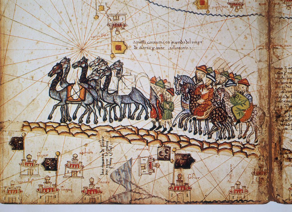 Caravan crossing the Silk Road. Part. Map of Asia from the Catalan Atlas. Spain, Mallorca. 14th century Kunstbibliothek - Staatliche Museen zu Berlin, Berlin, Germany