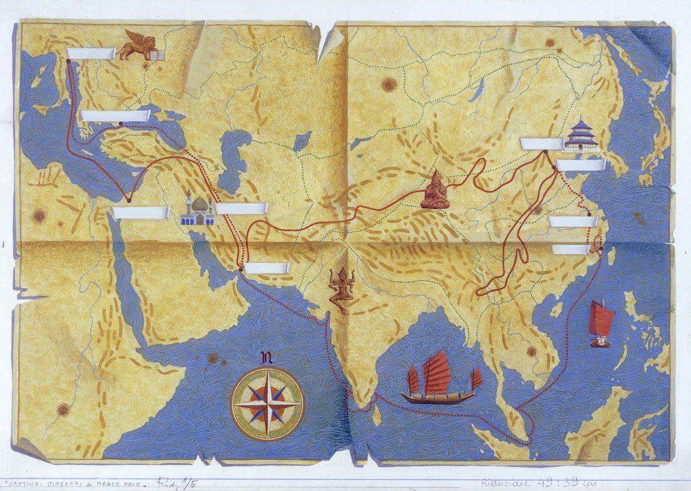 Letteratura per ragazzi - Marco Polo (1254-1324), Il Milione. Cartina con l'itinerario del viaggio. Collezione privata.