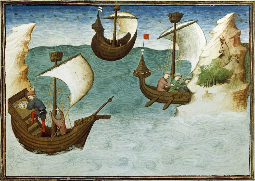 Use of the compass, miniature from Marco Polo and Rustichello's Livre des merveilles du monde, 15th century France. Bibliothèque Nationale, Paris, France