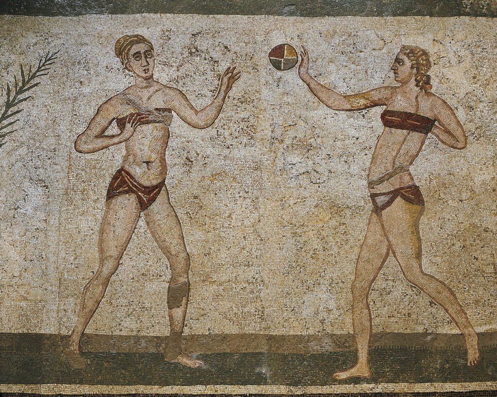 DA44434 - Ragazze che giocano a palla, particolare dal mosaico delle Dieci Ragazze, Villa romana del Casale, Piazza Armerina, Sicilia 