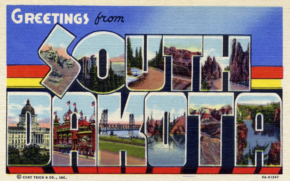 Greetings from South Dakota', postcard, 1939. Large letter postcard of South Dakota showing views of the state in each letter. The Curt Teich Postcard Archives, Chicago