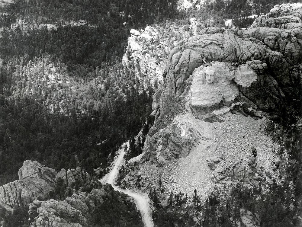 Working on Mount Rushmore. Face of George Washington being worked on during the carving of the Mount Rushmore National Memorial.