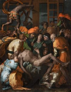 Rosso Fiorentino, Descent from the Cross, 1528. San Lorenzo, Sansepolcro, Italia. Shot after 2017-2024 restoration. Photo Scala/ upn. perm. of the Uff. Beni Cult. Diocese Arezzo Cortona Sansepolcro – 0168104