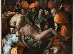 Rosso Fiorentino, Descent from the Cross, 1528 – central section. San Lorenzo, Sansepolcro, Italia. Shot after 2017-2024 restoration. Photo Scala/ upn. perm. of the Uff. Beni Cult. Diocese Arezzo Cortona Sansepolcro – 0168106