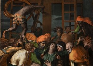 Rosso Fiorentino, Descent from the Cross, 1528 – upper section. San Lorenzo, Sansepolcro, Italia. Shot after 2017-2024 restoration. Photo Scala/ upn. perm. of the Uff. Beni Cult. Diocese Arezzo Cortona Sansepolcro – 0168107