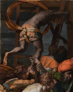 Rosso Fiorentino, Descent from the Cross, 1528 – detail (male figure seen from the back). San Lorenzo, Sansepolcro, Italia. Shot after 2017-2024 restoration. Photo Scala/ upn. perm. of the Uff. Beni Cult. Diocese Arezzo Cortona Sansepolcro – 0168113