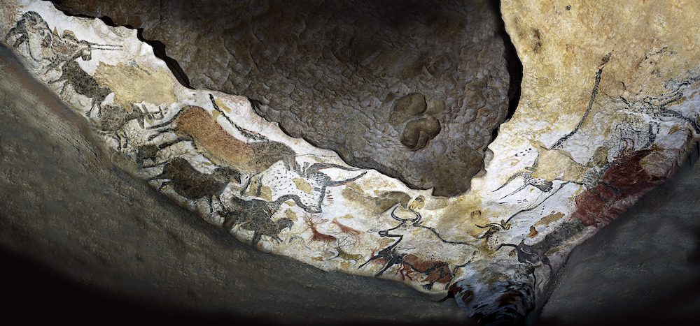 Cave paintings. This is the Great Hall of the Bulls, in the Lascaux caves in France. They are around 17, 000 years old. The animals seen here are horses, bulls and stags. The paintings were done by Cro-Magnon man, an early European culture of modern humans (Homo sapiens sapiens), using red and yellow ochre. The paintings may have had religious and artistic significance. One theory also links the arrangement of the paintings to the position of stars in the sky 17, 000 years ago. See image E448/081 for a 17, 000-year-old star map superimposed on these paintings.
 
Artwork Location: ********, ********, ********
 
Permission for usage must be provided in writing from Scala.