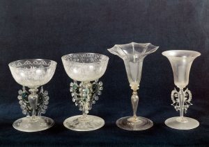 Chalices of blown Murano glass, inv. 1259, 1378, 1351, 1347. Venetian art. Museo Poldi Pezzoli, Milan, Italy - 0052771